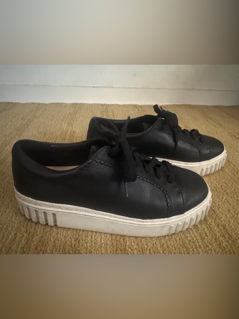 Clarks Black Leather Platform Sneakers with White Sole Mayhil Walk Wide Width